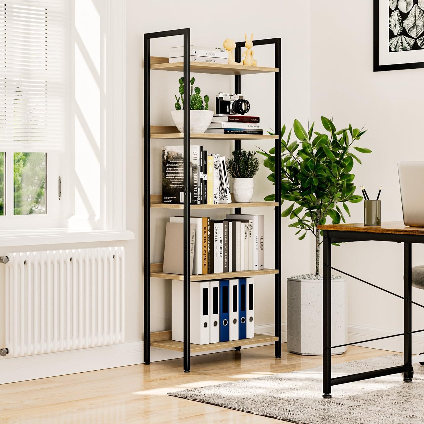 NUMENN Bookshelf, 5 Tier Bookshelves, Home Office Bookcase Shelf Storage Organizer, Free Standing Storage Shelving Unit for Bedroom, Living Room and Home Office, Natural