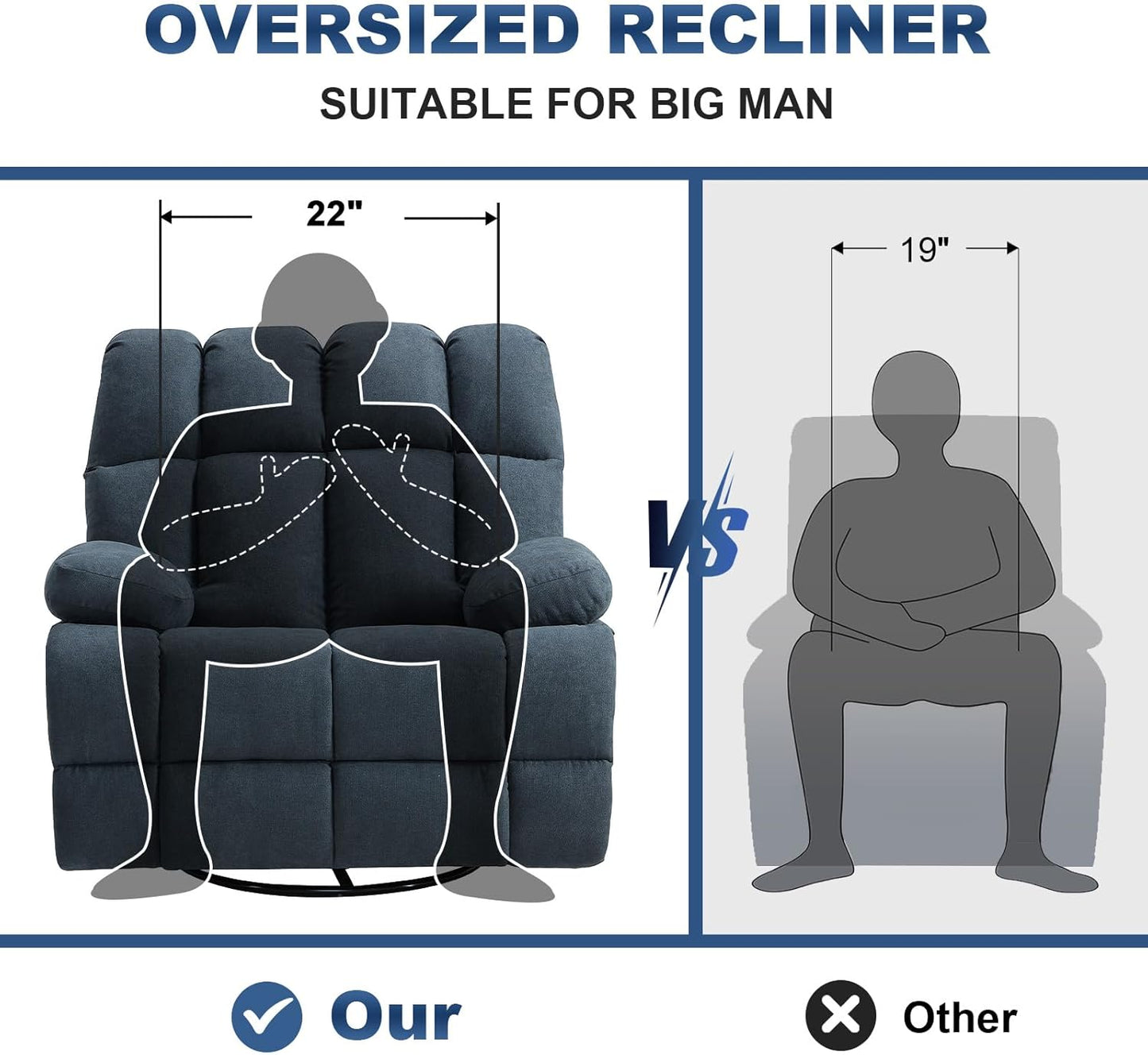 Oversized Recliner Chair, 360° Swivel Rocker Recliner for Big Man, Extra Wide Manual Recliner, Overstuffed Soft Rocking Sofa Chair, Overstuffed Soft Rocking Sofa Chair for Living Room(Grey)