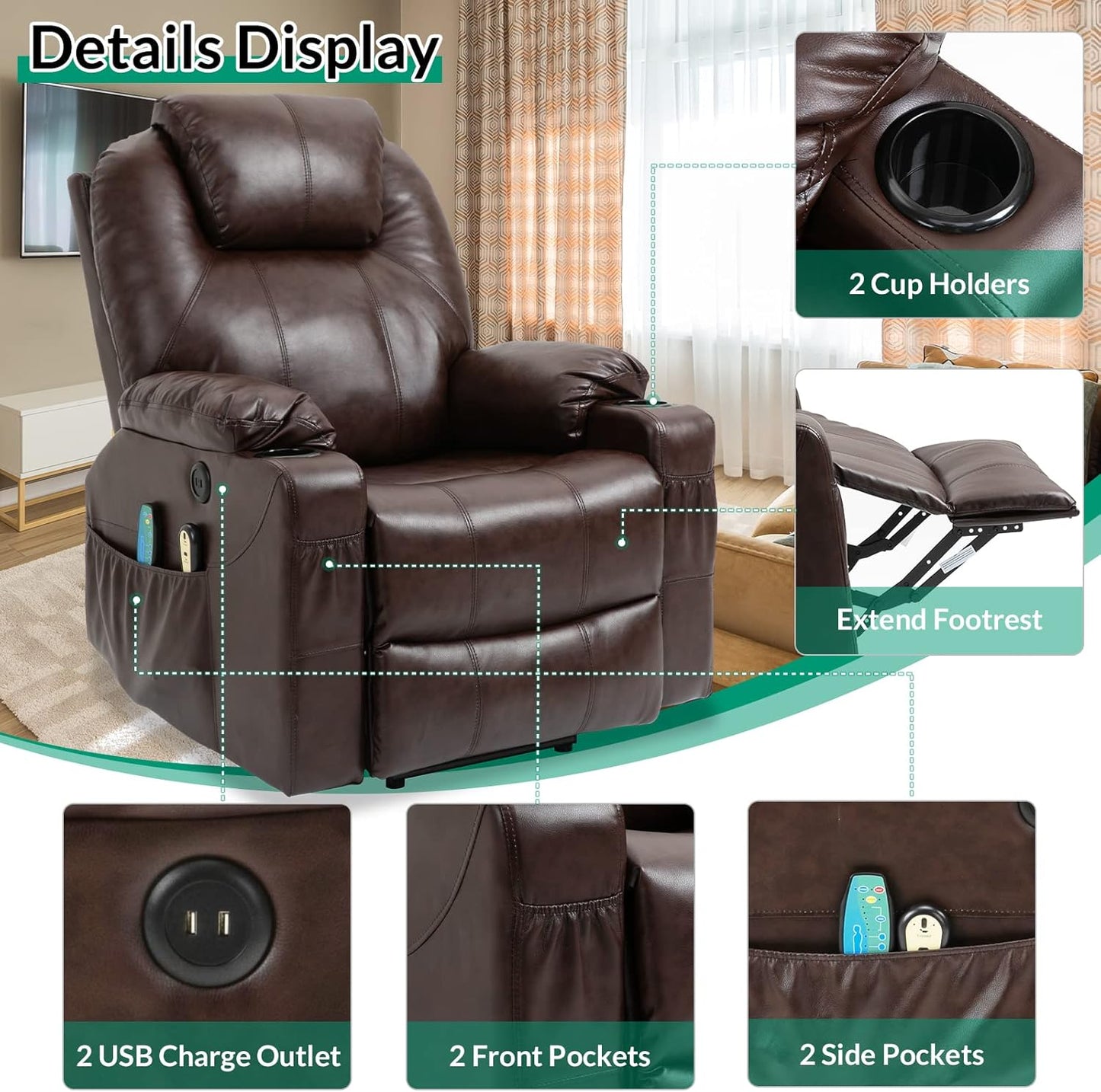 VIVIJASON Power Lift Chair Electric Recliner for Elderly Heated Vibration Massage Faux Leather Recliner Chair with 2 Remote Controls, Cup Holders, Side Pockets & USB Ports for Living Room (Brown)