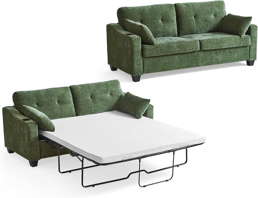 CHIC HOUSE Pull Out Sofa Bed, Full Size Sleeper Sofa, 2-in-1 Convertible Corduroy Couch with USB Charging, Memory Form Couch for Living Room, Apartment and Small Space (Green, Chenille - Queen Size)