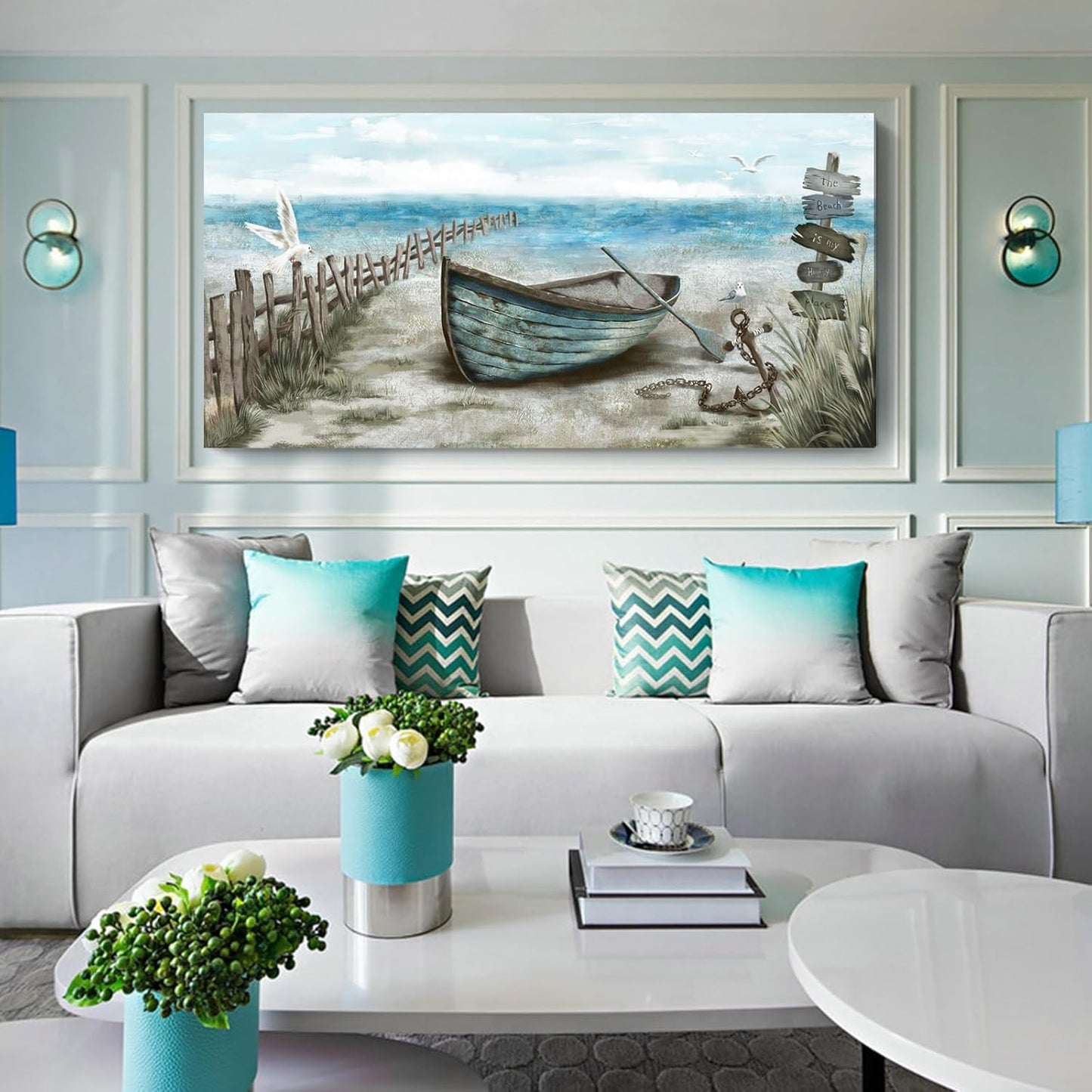 Wall Art for Living Room Large Beach Decor Picture Seagull Vintage Boat Artwork Ocean Sea Bird Canvas Print Seascape Nautical Painting Blue Teal Rustic Coastal Themed Cottage Bedroom Office Décor