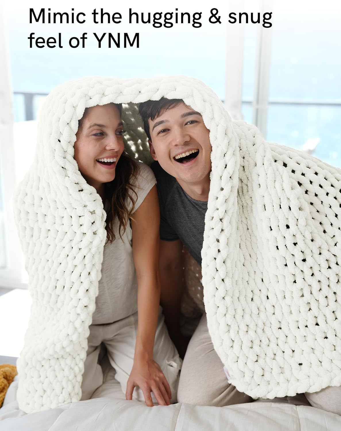 YnM Chunky Throw Blanket, Medium-Weight, Hand Knitted with Chenielle Yarn, Skin Friendly, Ventilated and Breathable, Machine Washable, Home Décor Piece for Couch, Sofa and Bed (White, 80x87 Inch)