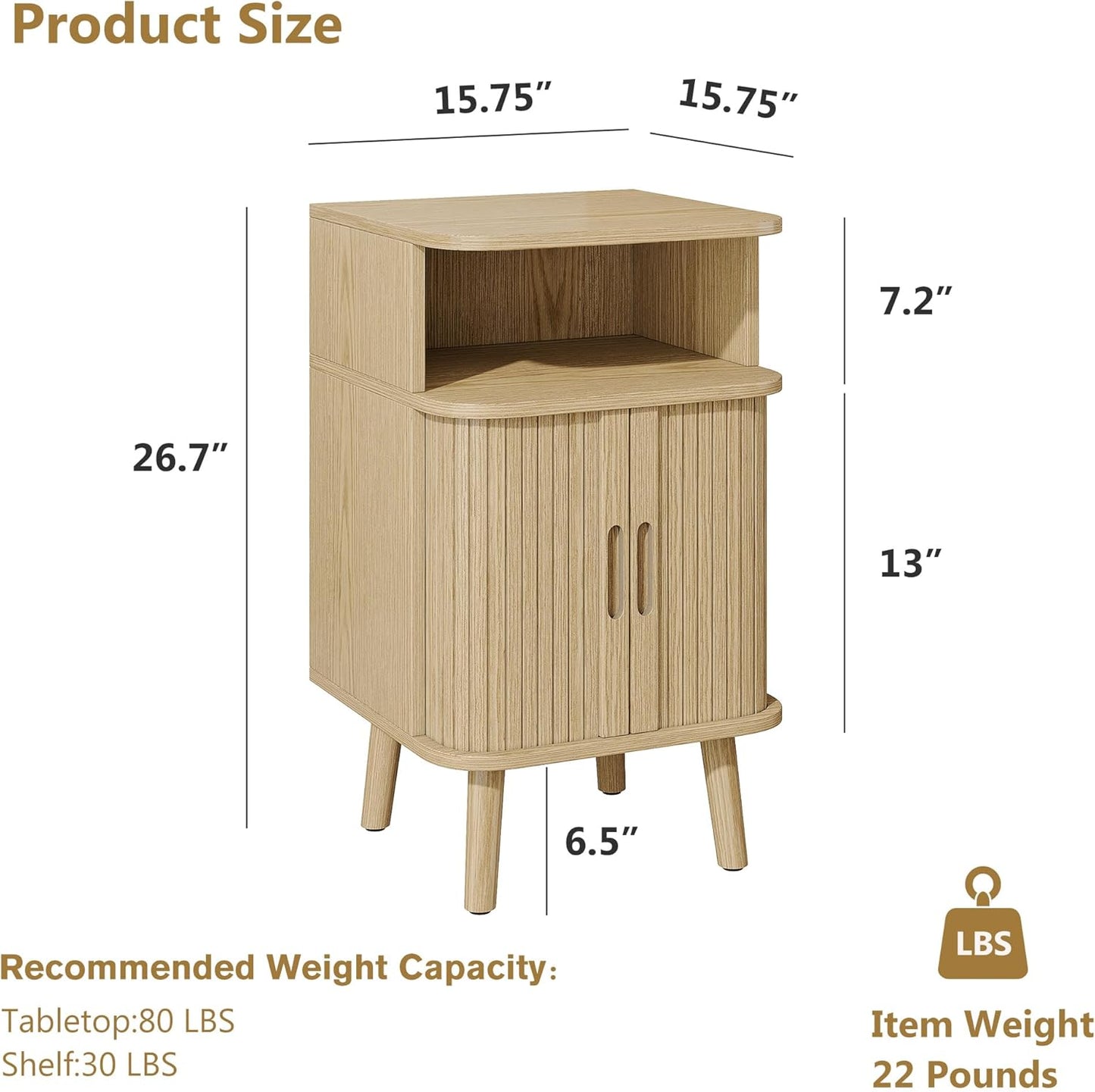 Alohappy Mid Century Modern End Table, Fluted Wood Nightstand with Sliding Tambour Door, Curved Round Edge Side Table with Storage Cabinet for Bedroom, Living Room, Natural Oak