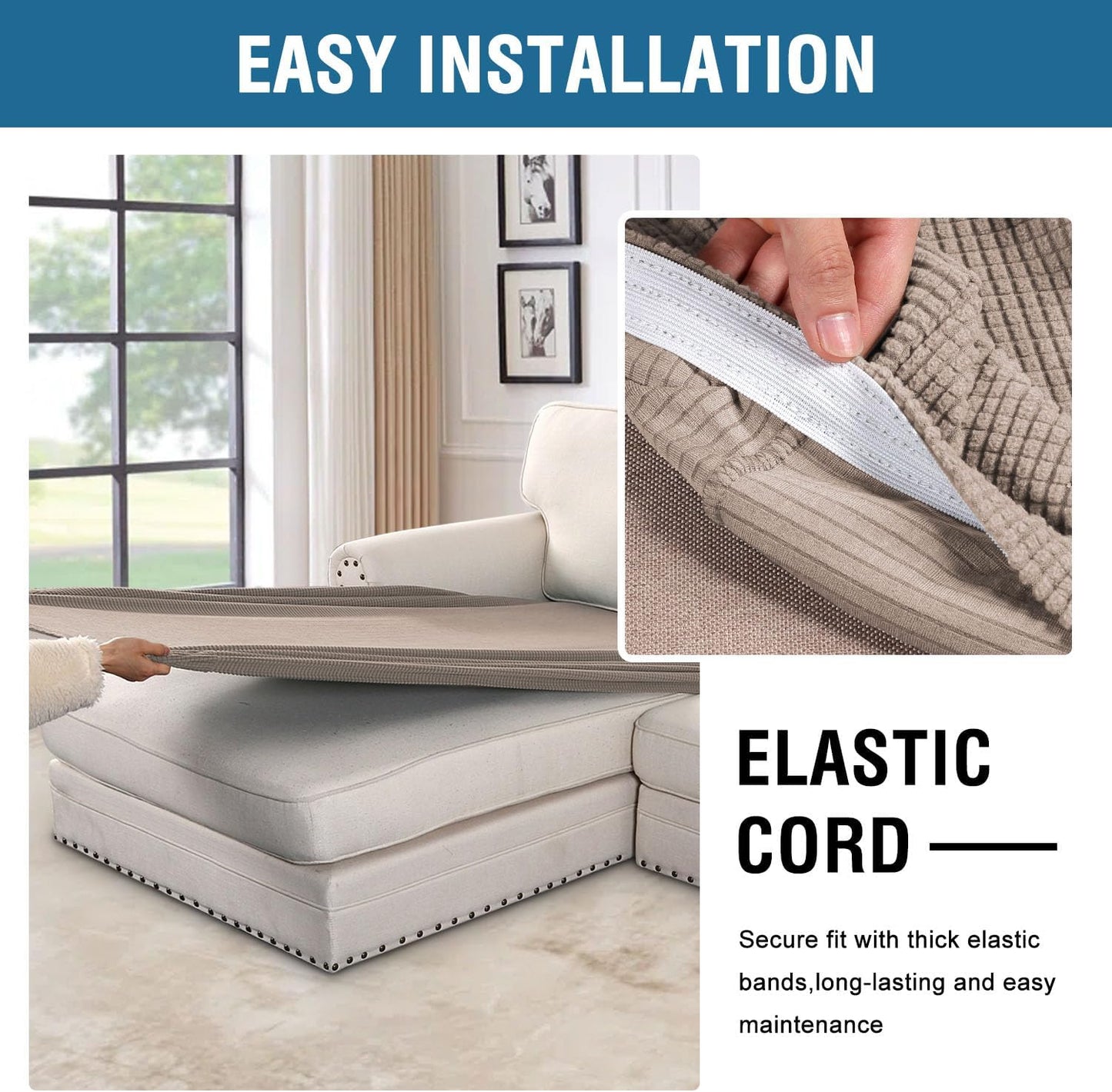 H.VERSAILTEX Super Stretch Individual Chaise Cover Sectional Couch Covers for L Shaped Sofa Both Left/Right Featuring Thick Jacquard Textured Twill Fabric (1 Piece Chaise Cover, Sand)