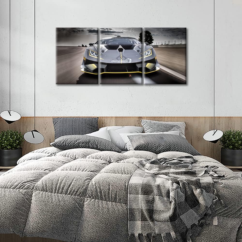 TUMOVO Wall Decor Gray Sports Car on the Road Canvas Wall Art Supercar Modern Artwork for Office Speed Racing Car Picture Print on Canvas 3 Panels Framed Ready to Hang for Living Bedroom, 36" Wx16 H