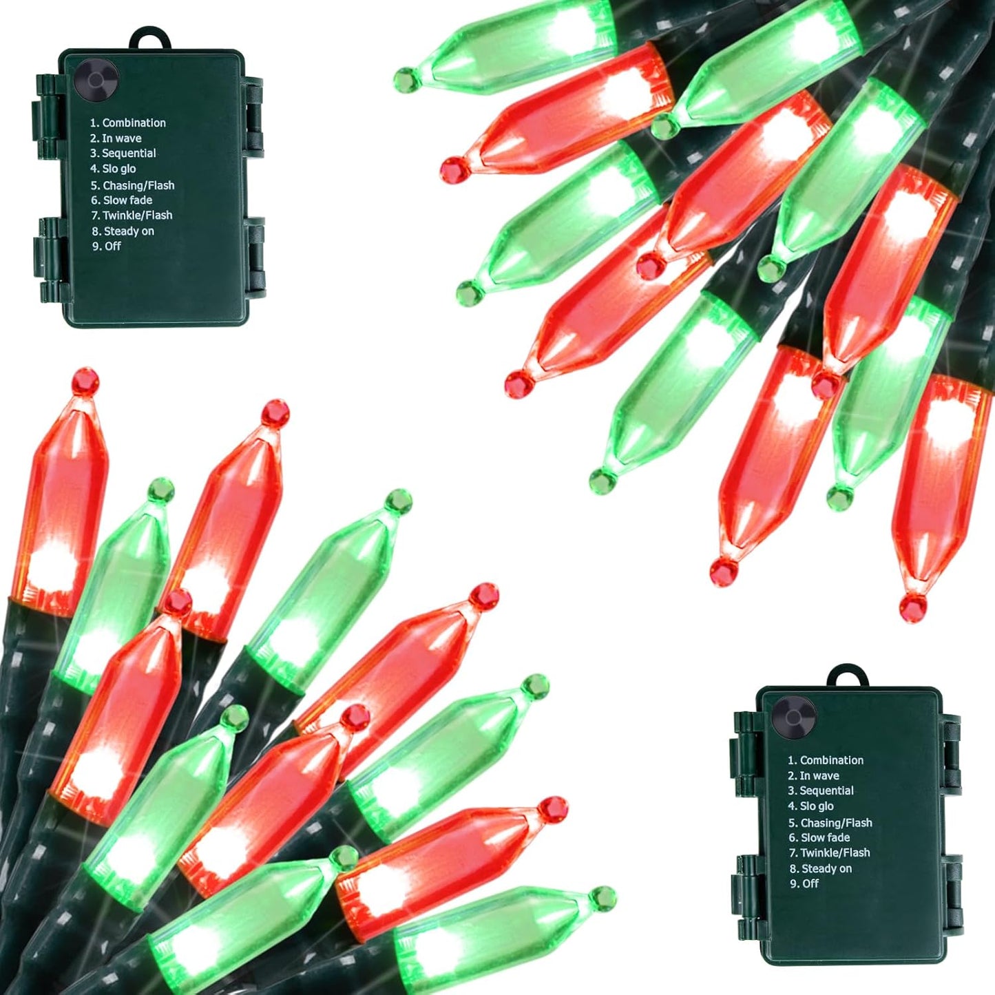 Battery Operated Christmas Lights 2 Pack 18 Feet 50 LED Clear Mini String Lights with 8 Modes Waterproof Tree Lights for Xmas Outdoor Indoor Holiday Party Garden Decor, Red & Green
