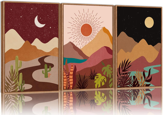 SIGNINART Boho Desert Framed Canvas Wall Art Set of 3, Colorful Sun and Moon Art Prints, Bohemian Modern Cactus Art Paintings, Southwestern Landscape Wall Decor for Living Room, Bedroom, Office 16"x24"