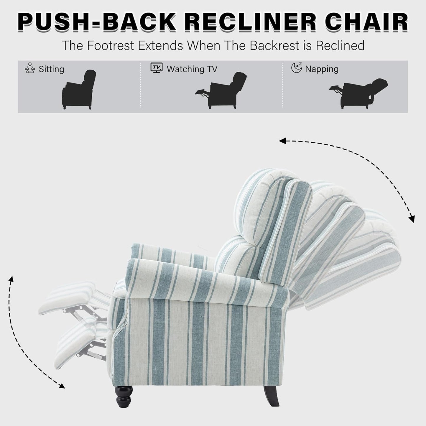 UIXE Pushback Recliner Chairs Set of 2, Fabric Armchair Push Back Accent Chair, Rivet Trim Club Chair Home Theater Overstuffed Single Sofa Reading Seat for Living Room, Stripe Blue