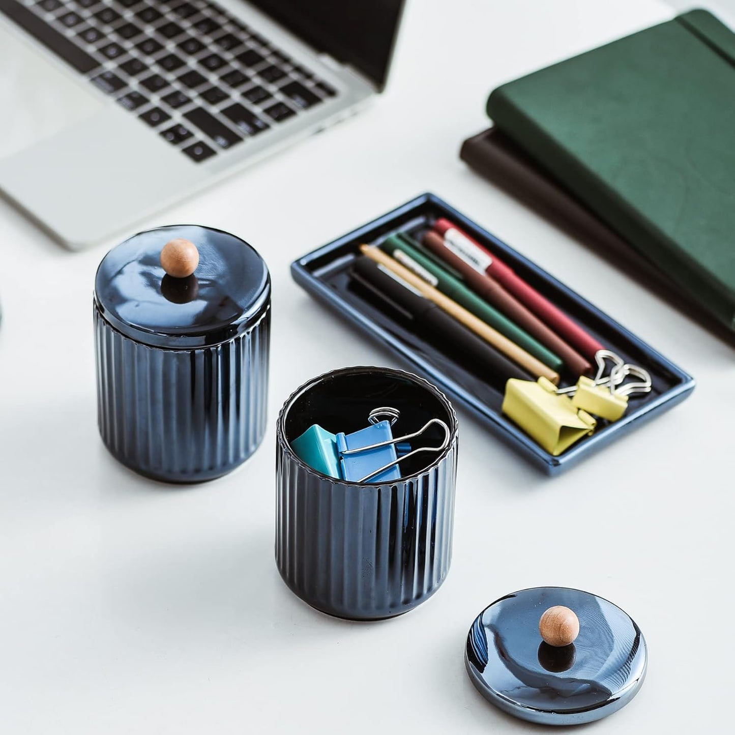 Qtip Holder Bathroom Set with Tray(3PCS) - 2 Piece 12 oz Blue Apothecary Jar Canister with Lid and 1 Pack Ceramic Vanity Tray