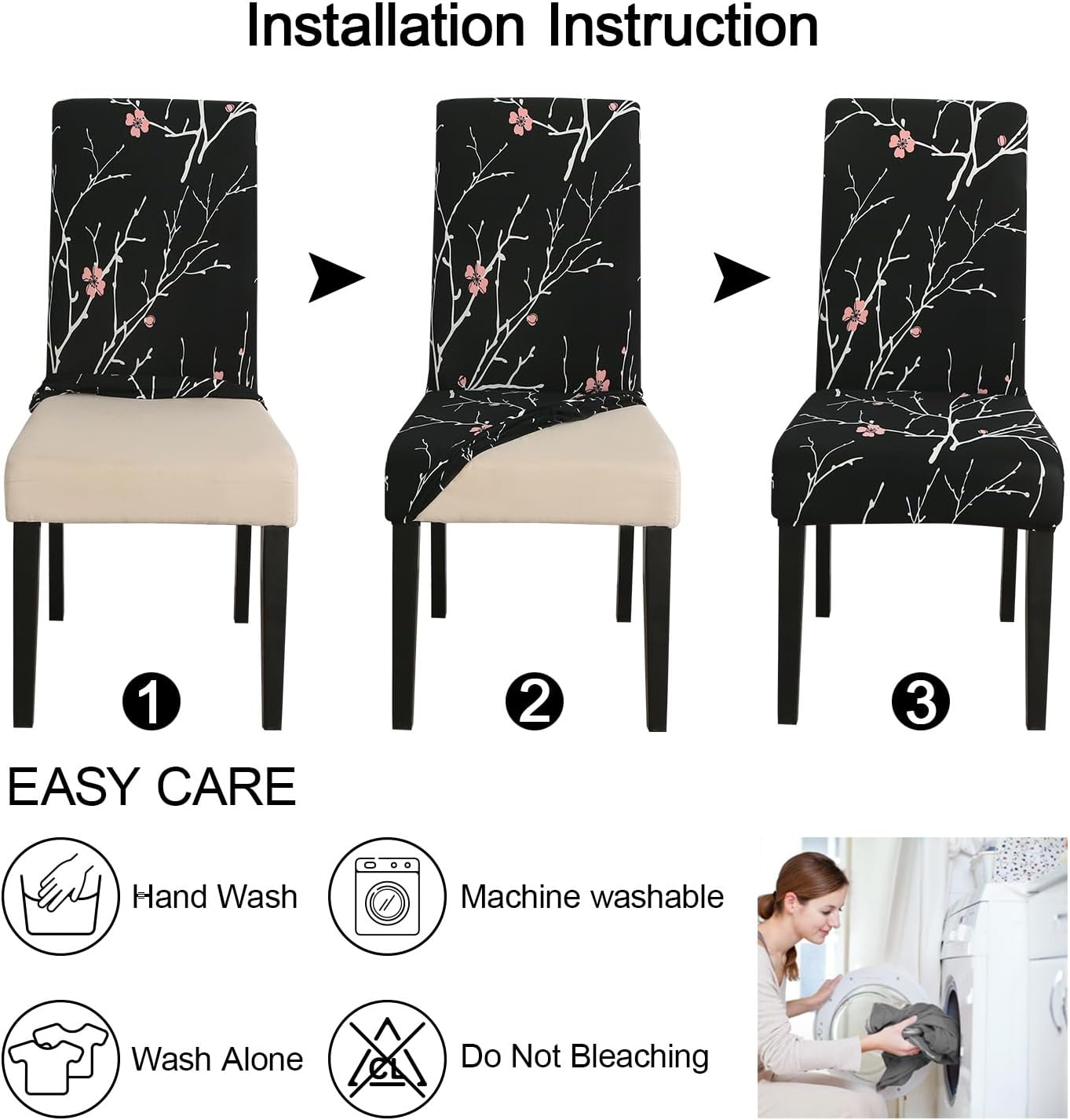 JQinHome Pattern Chair Covers for Dining Room Set of 4, High Stretch Removable Washable Parsons Chair Slipcover for Home Party Hotel Wedding Ceremony (Flourish Black,4PCS)