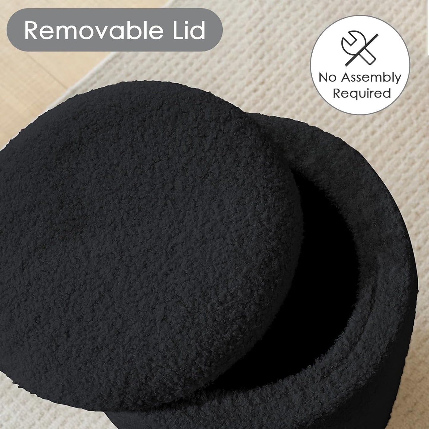 YFO Round Boucle Ottoman with Storage, Multifunctional Upholstered Vanity Chairs for Makeup, Soft Padded Seat with Removable Lid, Modern Rest Stool Seat for Living Room, Bedroom, Black