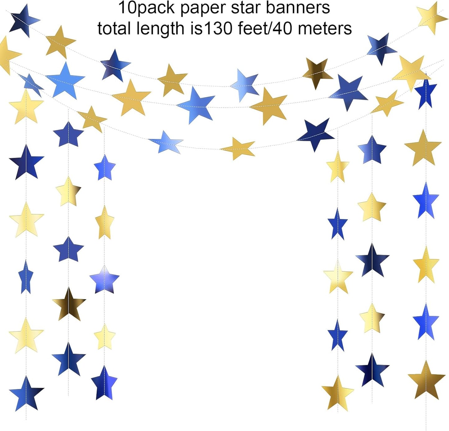 Patelai Glitter Star Garland Banner Decor 130 Feet Star Hanging Bunting Banner Twinkle Backdrop for Homecoming Classroom Wedding Birthday Halloween Christmas Party Supplies(Blue, Gold)