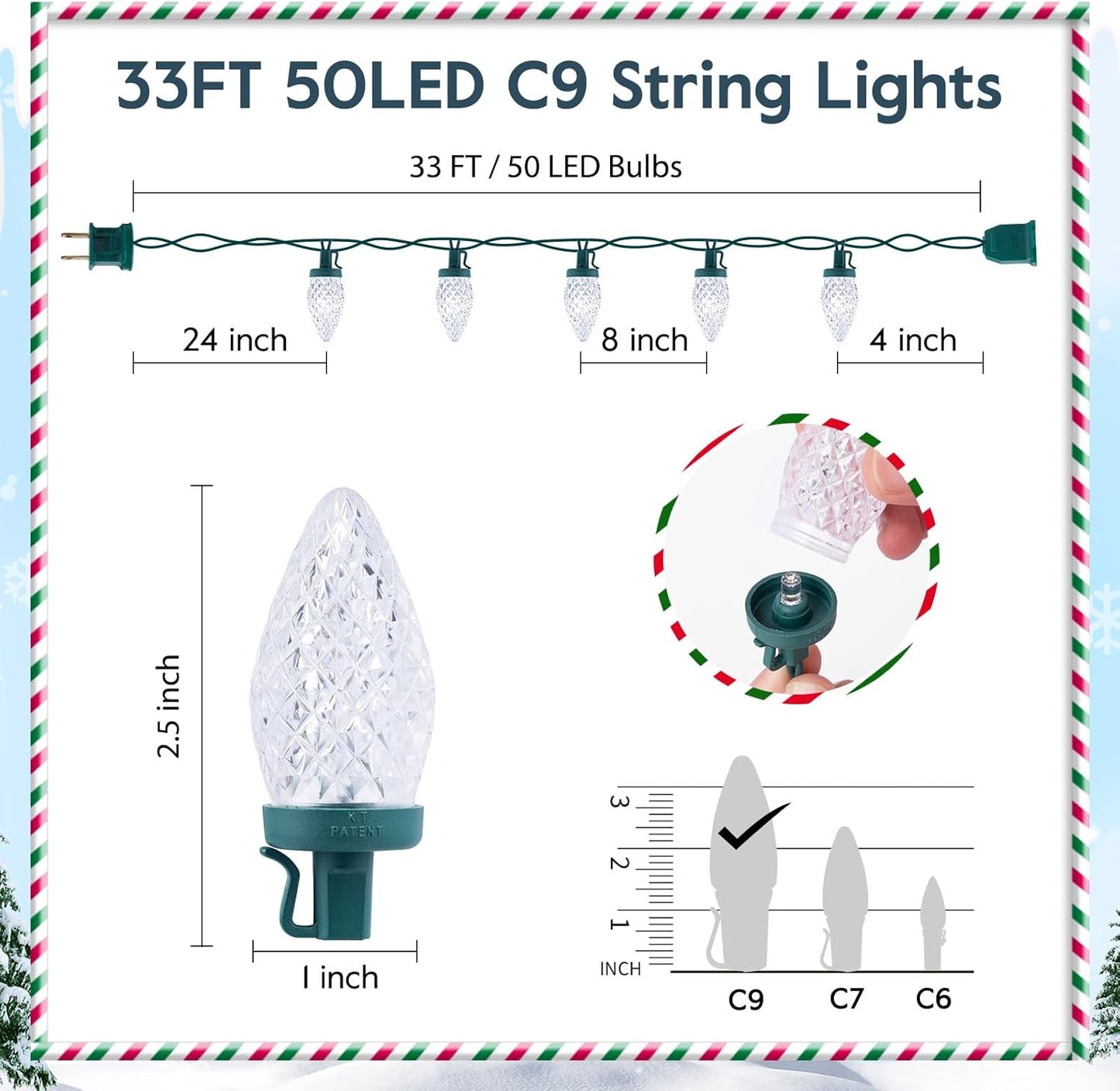 Brightown C9 LED Christmas String Lights, 33ft 50 LED Waterproof Strawberry String Lights, Plug-in Extendable Green Wire Lights String for Outdoor Indoor Patio Party Decoration (White)