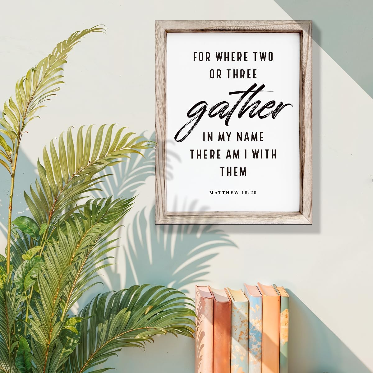 Christian Decor Art, Scripture Matthew 18:20 Sign, Home Church Decor, Framed Wall Plaque Sign 15 * 11.5 inches, Housewarming Gift, For Where Two or Three Gather in My Name