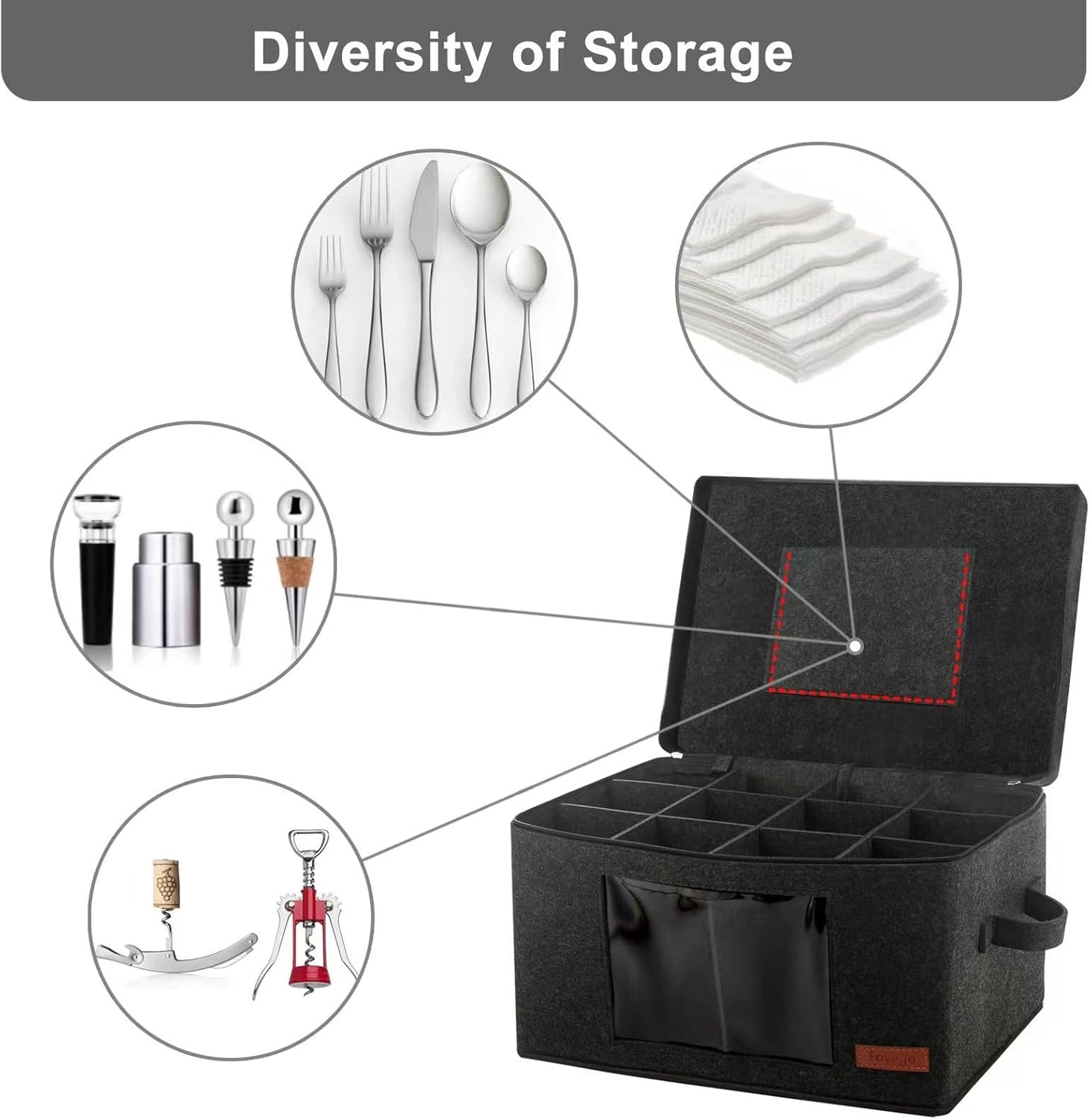 2 Pack Wine Glass Storage Box with Dividers, Stemware Storage Containers for Packing and Moving, China Storage Containers Box for 12 Crystal Glassware, Wine Glasses, Drinkware,Dark Gray