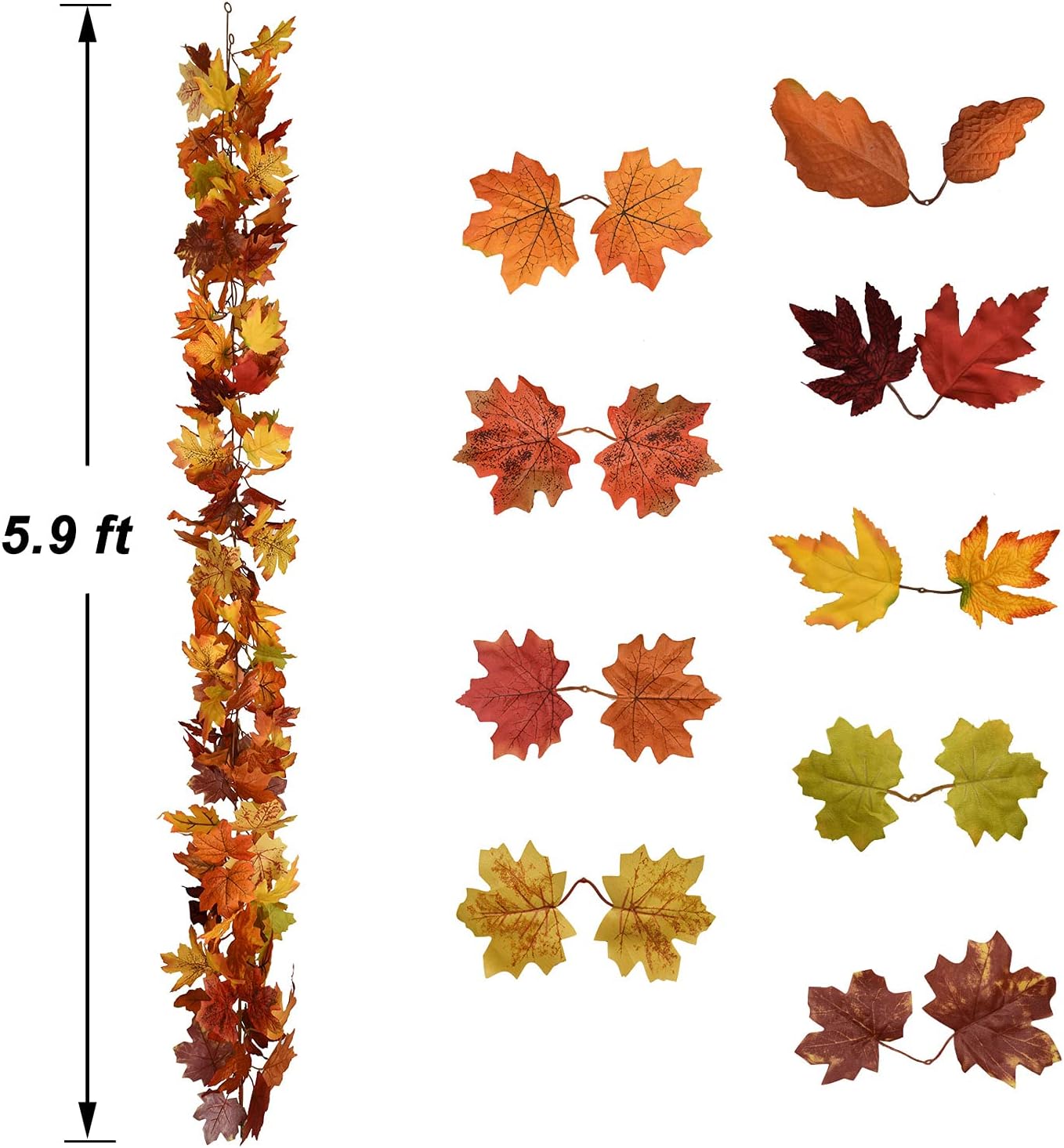 Lvydec 2 Pack Fall Maple Garland - 5.9ft/Strand Artificial Fall Foliage Garlands Assorted Color Leaves Autumn Decor for Home Wedding Halloween Thanksgiving Party