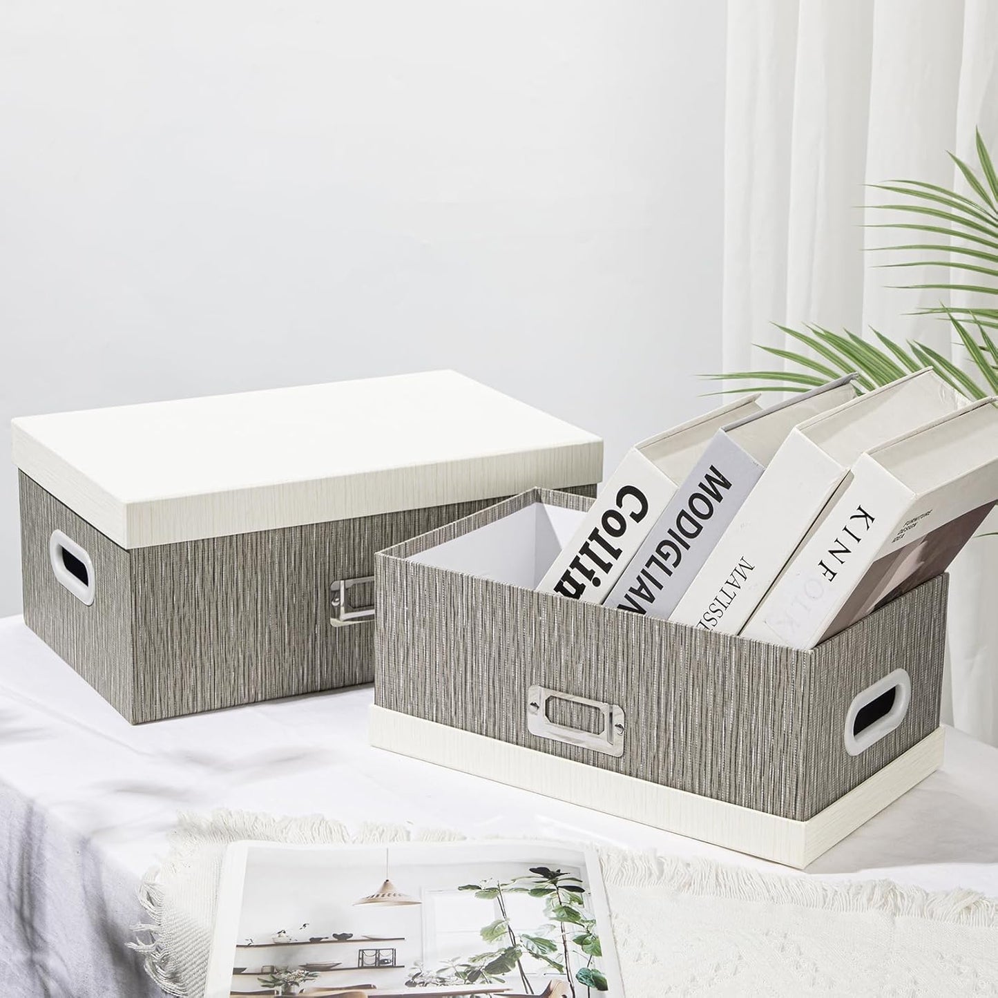 Briful Set of 2 Decorative Storage Boxes with Lids – Gray & White Nesting Organizer Bins, 14'' + 13'' Set Rectangular Fabric Covered Cardboard Boxes for Office, Closet, or Home Decor