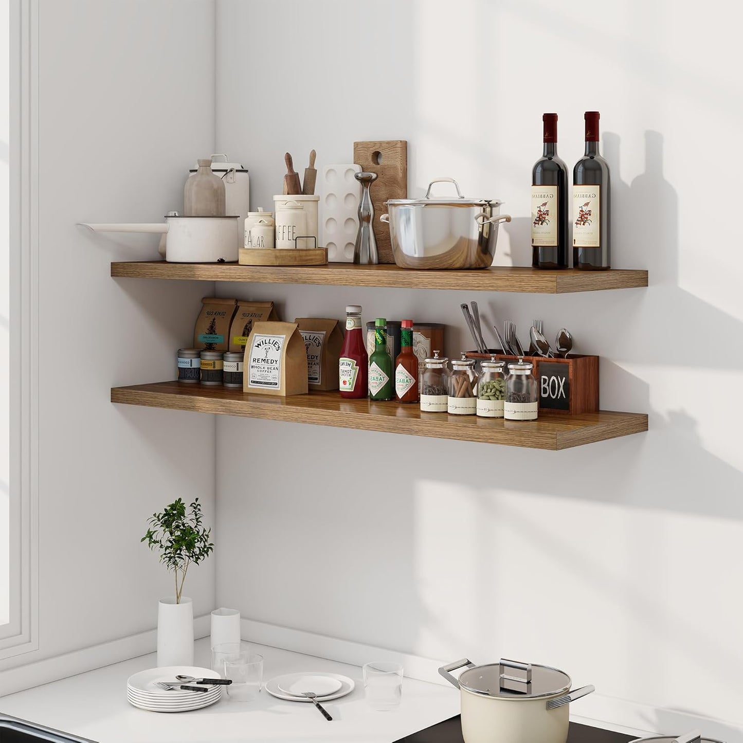 48" Floating Shelves for Wall, 12" Deep Slim Walnut Floating Shelves, Wall-Mounted Shelves for Bedroom, Living Room, Kitchen, Bathroom - Set of 2