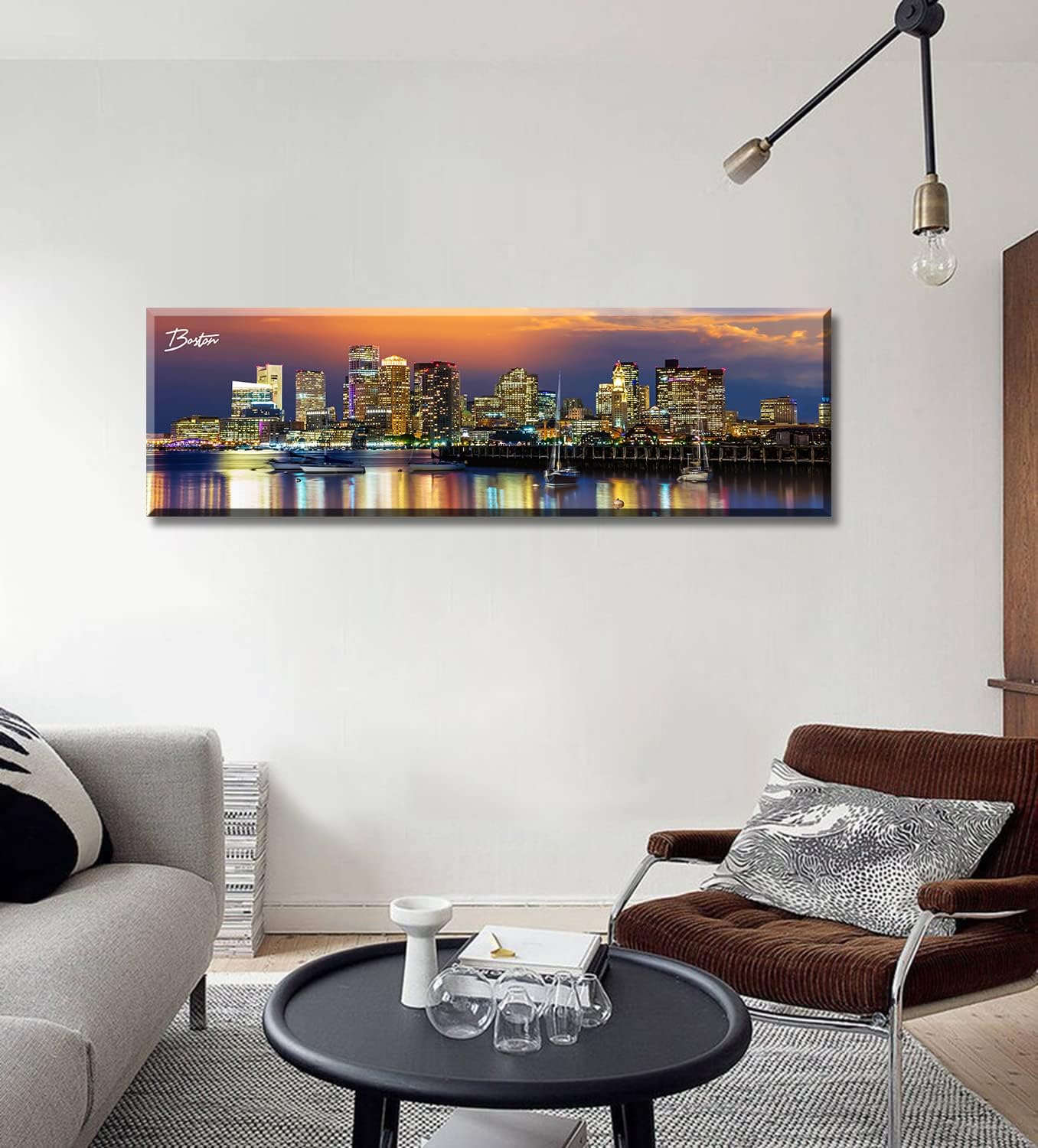 DJSYLIFE Boston Skyline Wall Art Canvas Prints Colorful USA City Night Pictures Modern Panoramic Cityscape Posters Paintings for Bedroom Office Decor, Ready to Hang 13.8"x45.3"