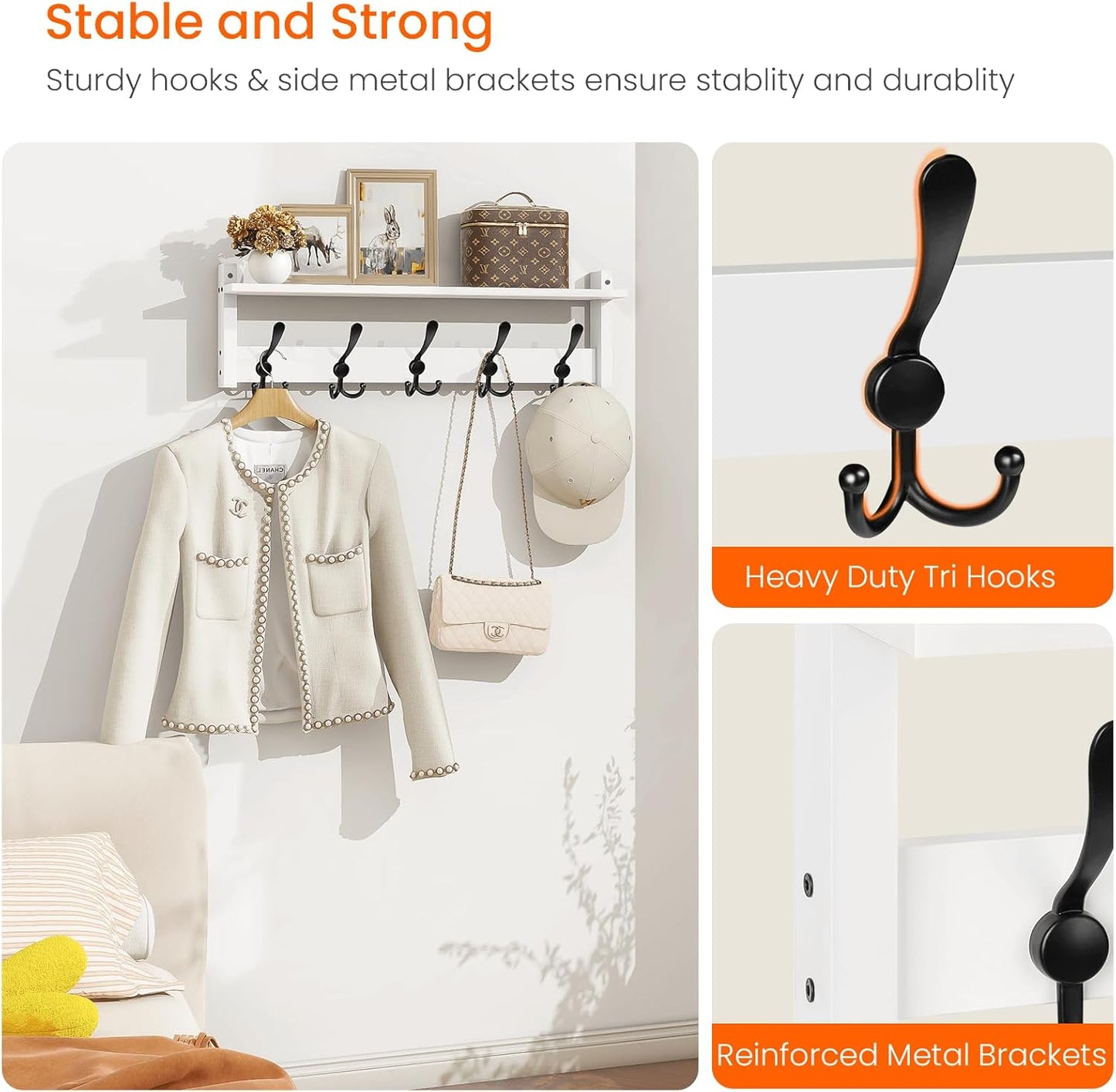 Homode Wall Shelf with Hooks, 24 Inch Coat Rack with Tri Hooks, Farmhouse Entryway Floating Coat Hanger with Storage for Bathroom, Entry Way, Mudroom, White