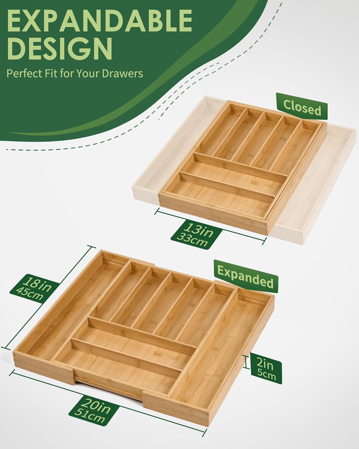 Premium Bamboo Expandable Drawer Organizer, 7-9 Slots Adjustable Kitchen Drawer Organizer for Large Cooking Utensils Cutlery, Kitchen Drawer Organization
