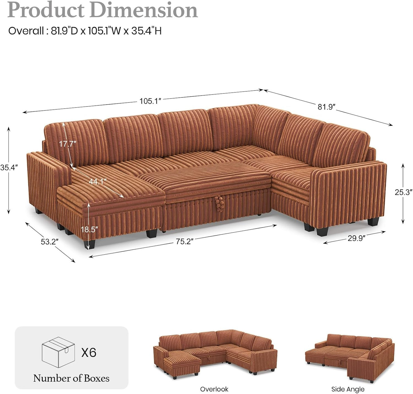 Belffin Corduroy Sleeper Sofa Bed with Storage Chaise Modular Sectional Sofa Couch with Pull Out Bed L Shaped Sectional Couches for Living Room Brick Red Couch