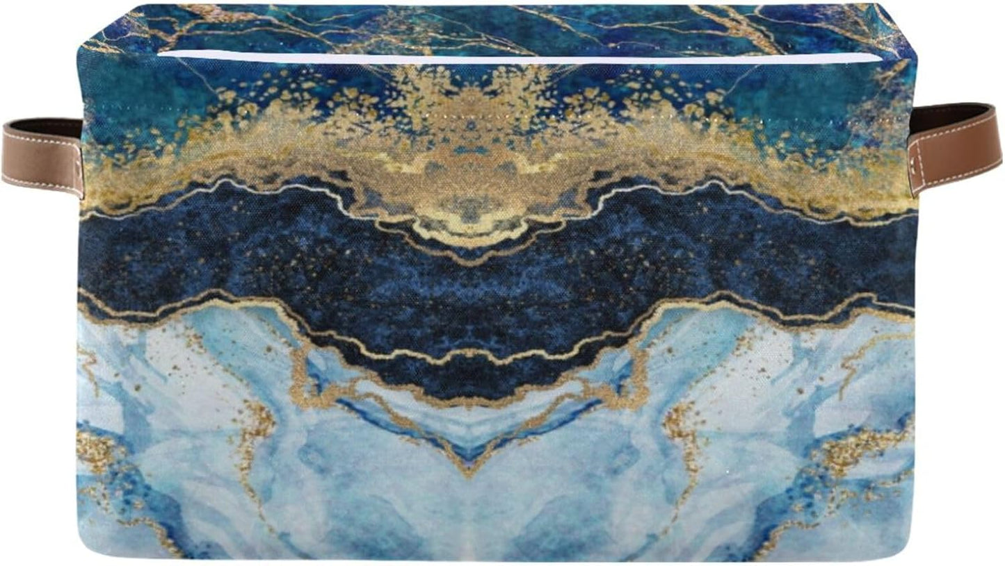 susiyo Storage Baskets for Shelves,Storage Bins for Organizing Shelf Nursery Toys, Decorative Linen Fabric Bins Cube with PU Handles 1 Pack，Blue Marble