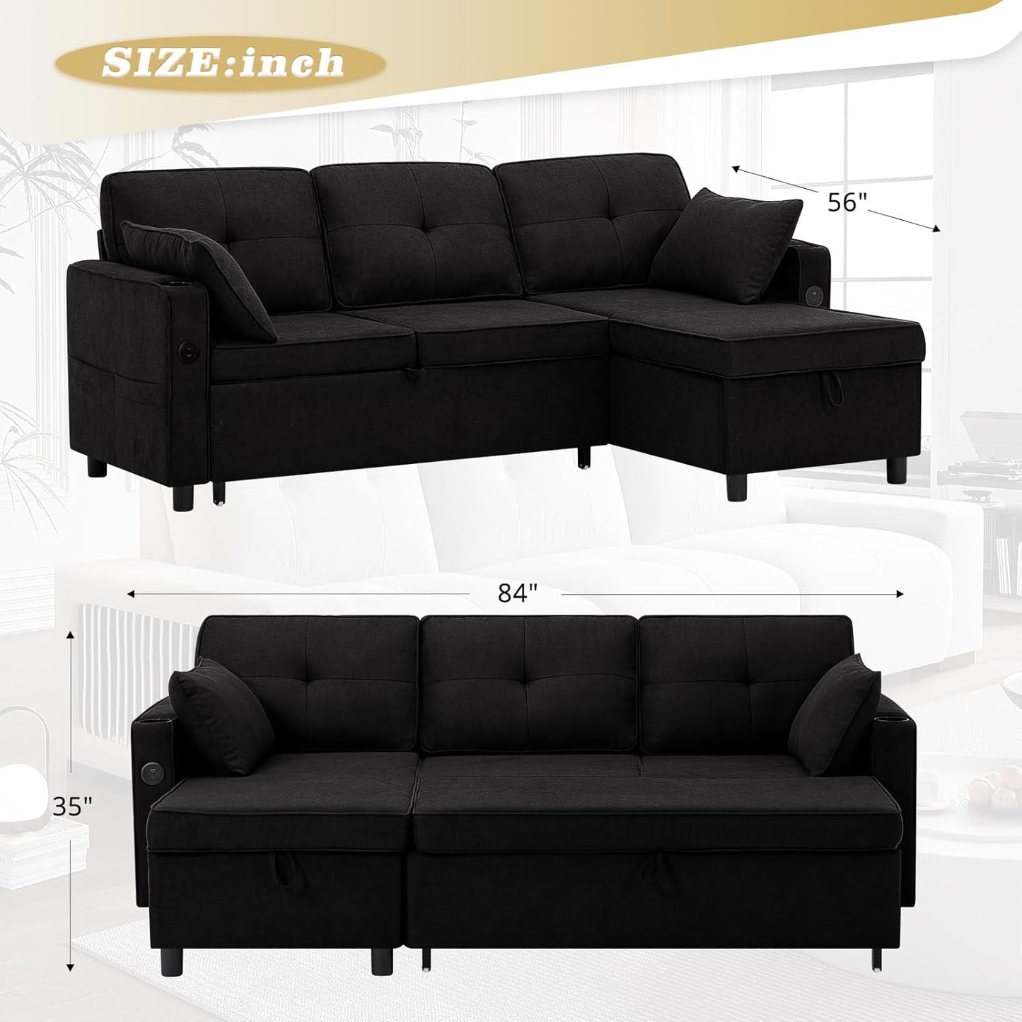 84 Inches Fabric Sectional Sofa w/Pull Out Sofa Bed & Adjustable Back, Tufted L Shaped Couch w/Storage Chaise, Sleeper Sectional Sofa w/USB Port & Cup Holders for Living Room, Black