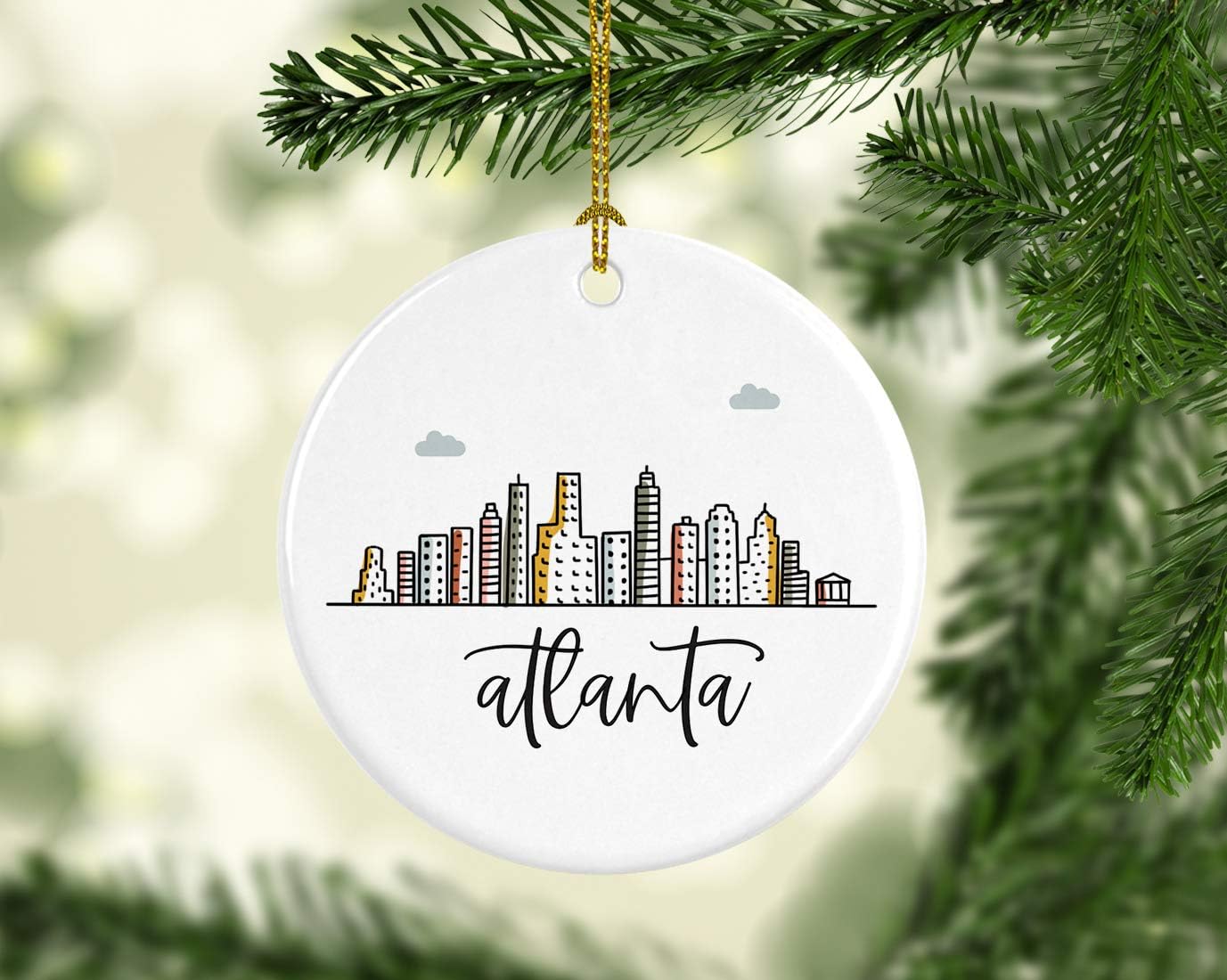 Andaz Press Round Ceramic Porcelain Christmas Tree Ornament, Atlanta Colorful City Skyline Graphic, 1-Pack Birthday Ideas Family Coworker Gift, Includes Gift Box