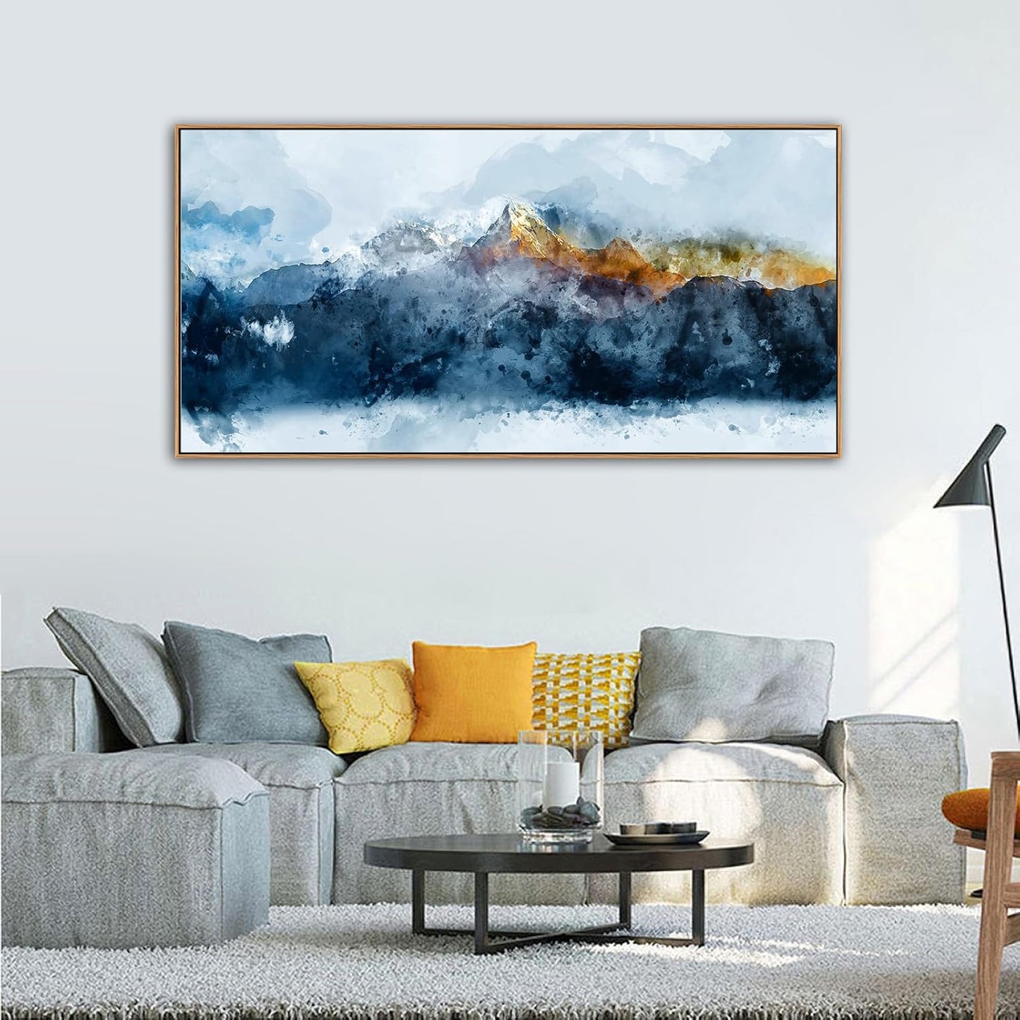 Framed Canvas Wall Art Indigo Abstract Mountain Pictures Wall Decor Blue Grey Orange Mountain Peaks Canvas Painting Prints Modern Abstract Artwork for Living Room Bedroom Decoration 29" X 58"
