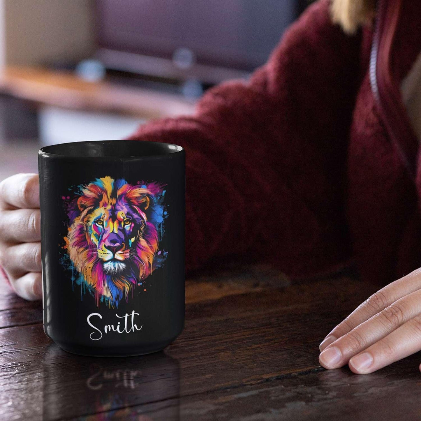 Personalized Lion Black Mug, Gift For Son Grandson, Custom Lion Coffee Cup With Name, Customized Colorful Animal Design Mug, Unique Animal Lover Cup 11oz 15oz
