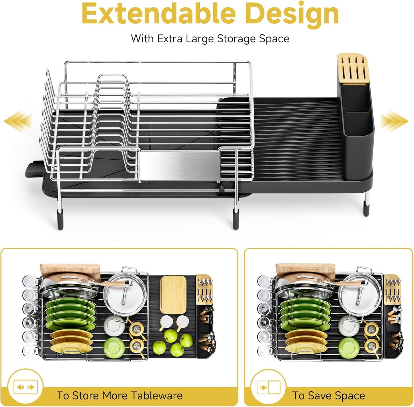 Dish Drying Rack, Expandable Stainless Steel Dish Rack with Drainboard Set Kitchen Sink Organizer for Counter, Large Capacity Kitchen Accessories, Smooth Water Flow