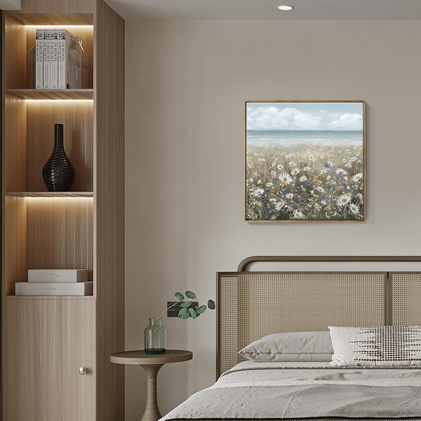 Framed Wall Art for Bedroom Decor Farmhouse Boho Beach Coastal Vintage Floral Ocean Wall Picture Daisy Flowers Sea Canvas Print Nautical Neutral Seascape Artwork for Home Living Room Bedroom Office