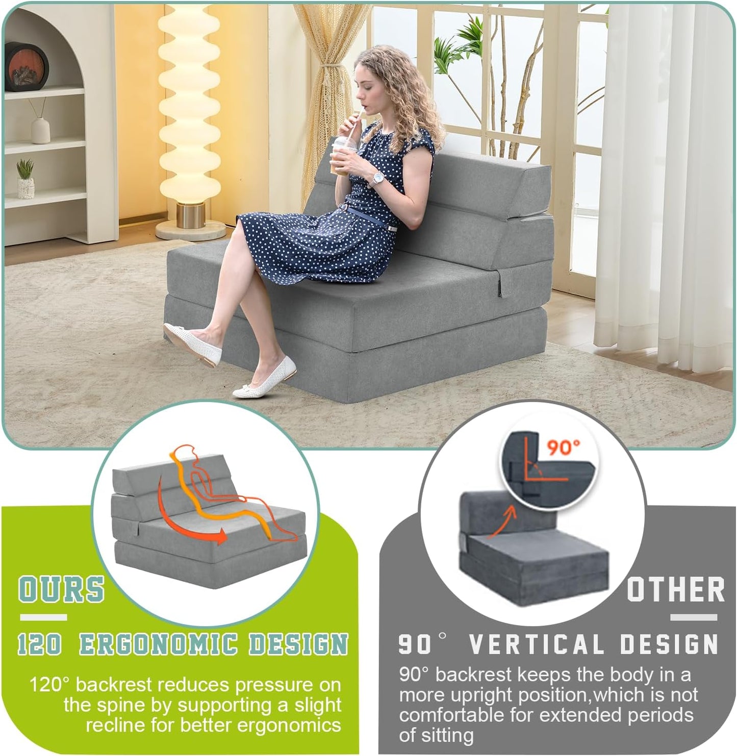 jela Foldable Sofa Bed Soft Foam Convertible Sleeper Chair Luxury Miss Fabric Fold Out Chair Bed Floor Couch with Back Support Floor Sofa for Living Room Bedroom (83"x33",Light Grey)