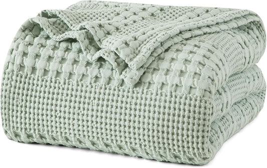 PHF 100% Cotton Waffle Weave Blanket Queen Size, Soft Lightweight Breathable Cozy Summer Blankets for Bed, Luxury Aesthetic Woven Bedding for Home Decor, 90"x90", Sage Green