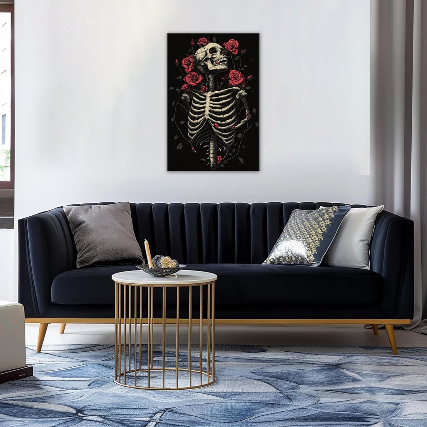 OAAPITI Gothic Skull Wall Art Skeleton and Roses Canvas Pictures Print Vibrant Dark Art Decor for Bedroom Living Room Bathroom(Artwork-6,28"x42")