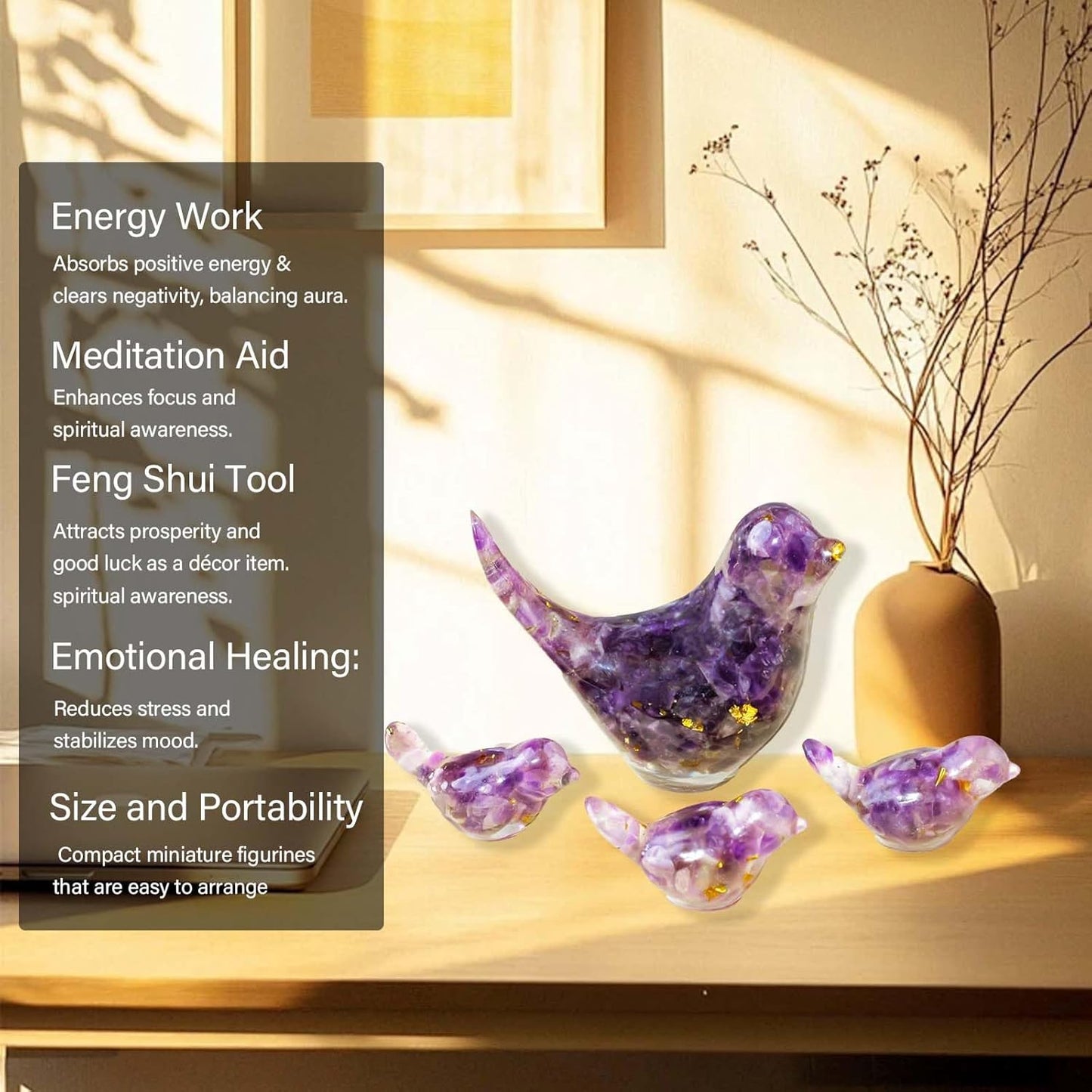 Crystal Bird Figurines, Resin Animal Statues, Miniature Decorative Gravel Birds, Home Decor (4PCS-Amethyst)