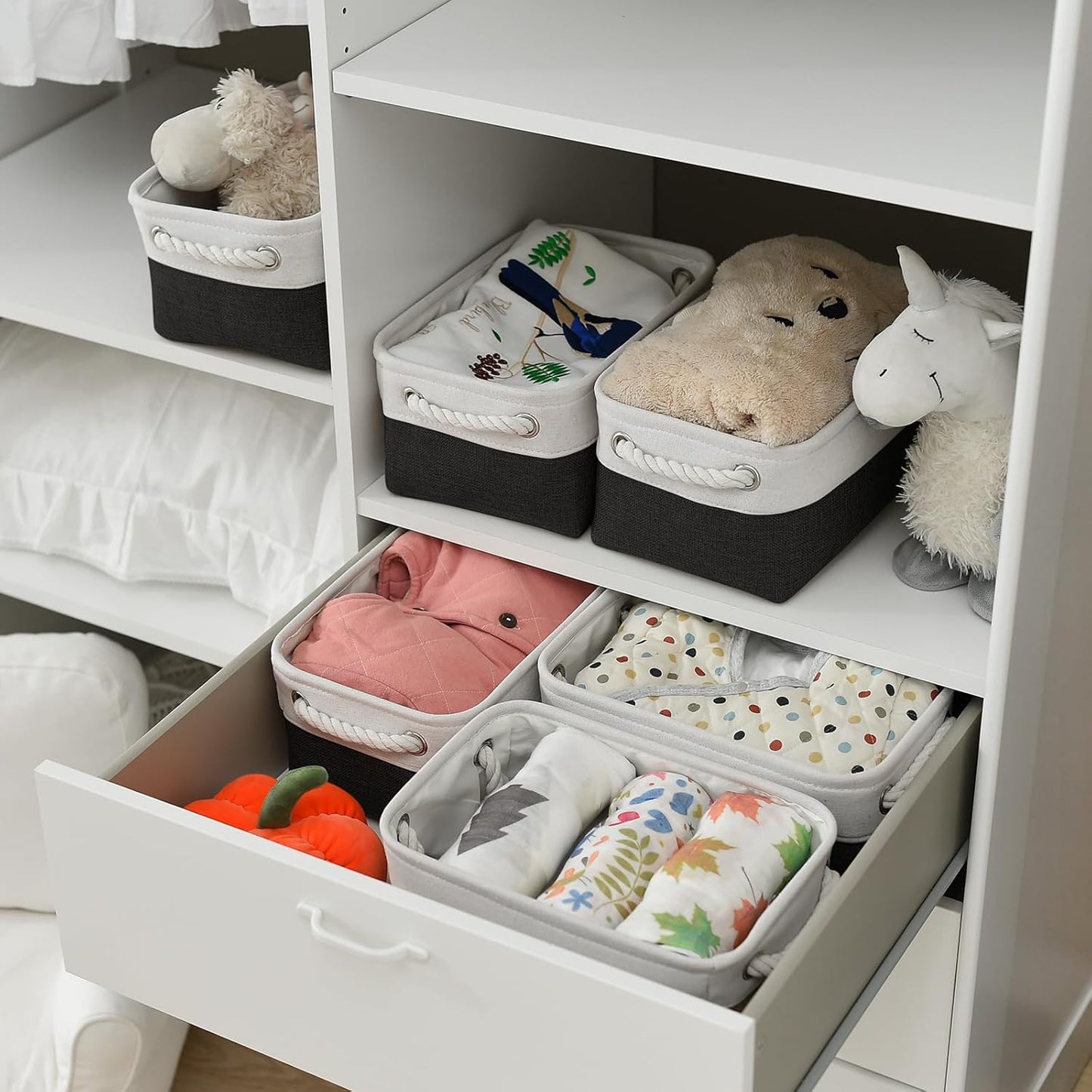 TheWarmHome Storage Bins for Shelves - 12x8x5.2 inch 1 Pack Storage Baskets for Gifts Empty for Closet Organizing Dog Gift Cloth Toy Cubes Box (White & Black)