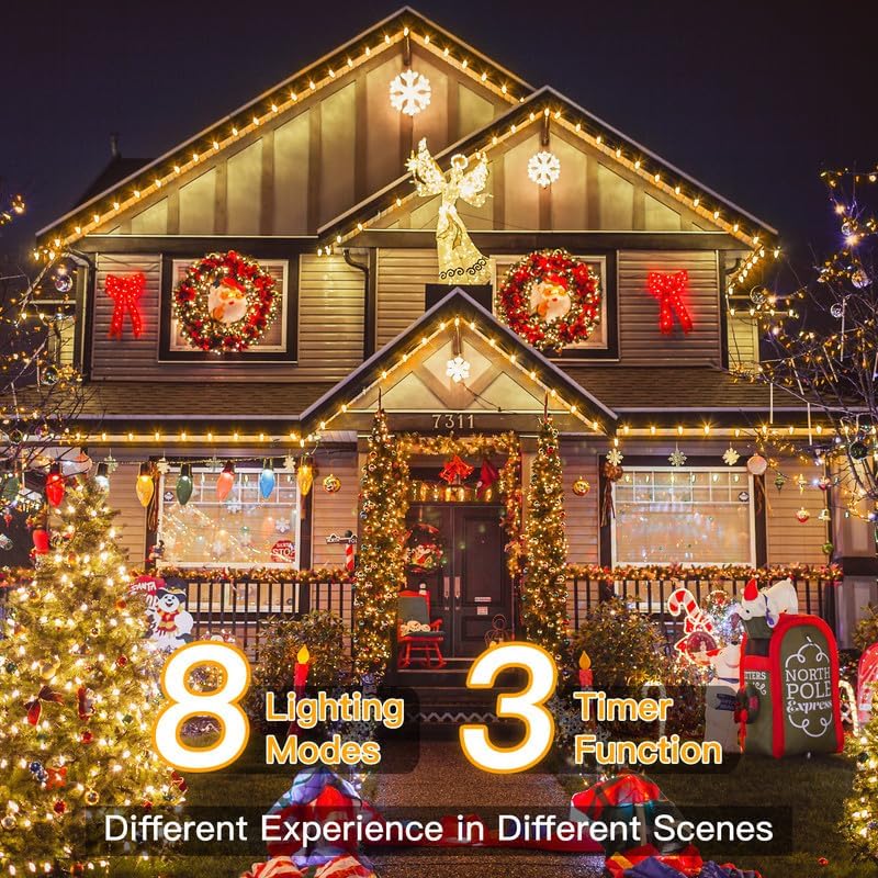 Ollny 198 FT 600 LED Outdoor Waterproof Plug in Christmas Tree Lights with 8 Modes Remote Timer, String Lights for House Yard Outside Indoor Xmas Decorations Warm White