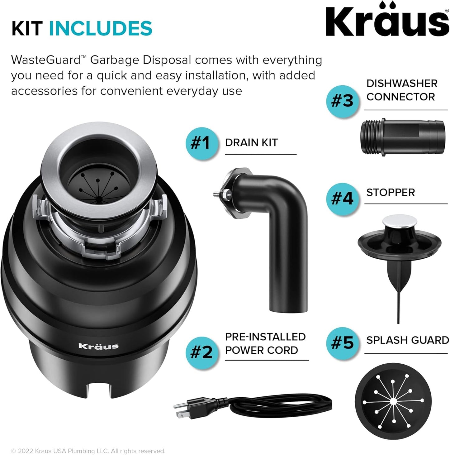 KRAUS WasteGuard 1 HP Ultra-Quiet Garbage Disposal with Quick Connect, Kitchen Sink Drain Cover, Power Cord and Flange Included, KWD100-100MBL