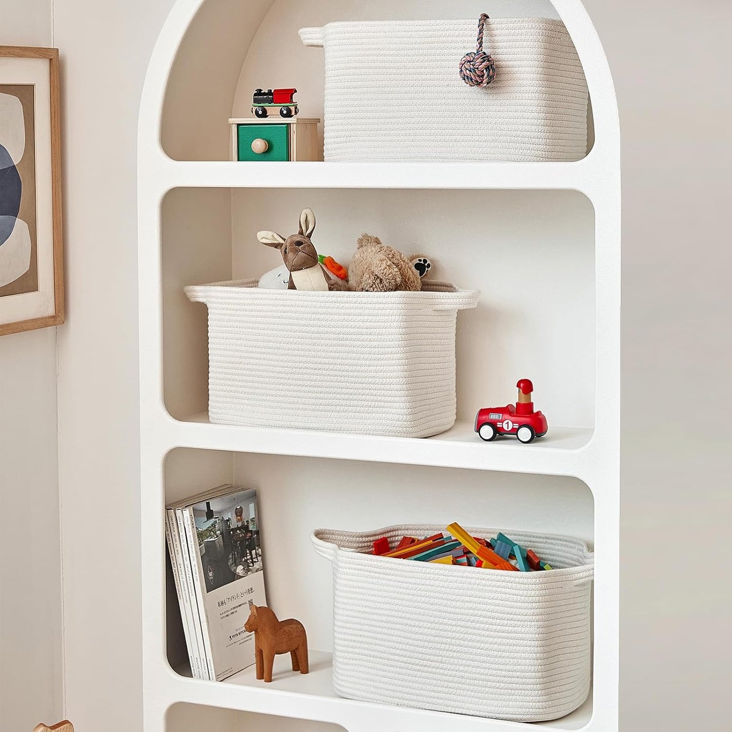 3 Packs Cotton Rope Woven Basket With Handles for Shelves -15"*10.2"*9.1"(White)