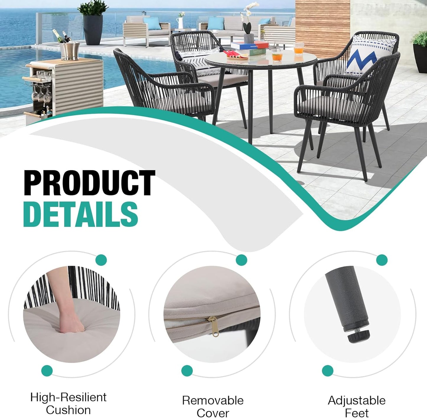 Patiorama Outdoor Dining Chairs, Patio Dining Chair Set of 6, All-Weather Woven Rope Rattan Chairs, Outdoor Dining Wicker Chairs with Armrests for Indoor Balcony Pool Backyard(Black)