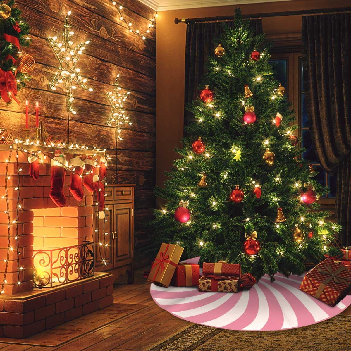 Swirl Stripe Christmas Tree Skirt 30 inches Sweet Candy Cane Pink Christmas Decorations Xmas Tree Mat Holiday Party Home Decorations (Pink, 30in)