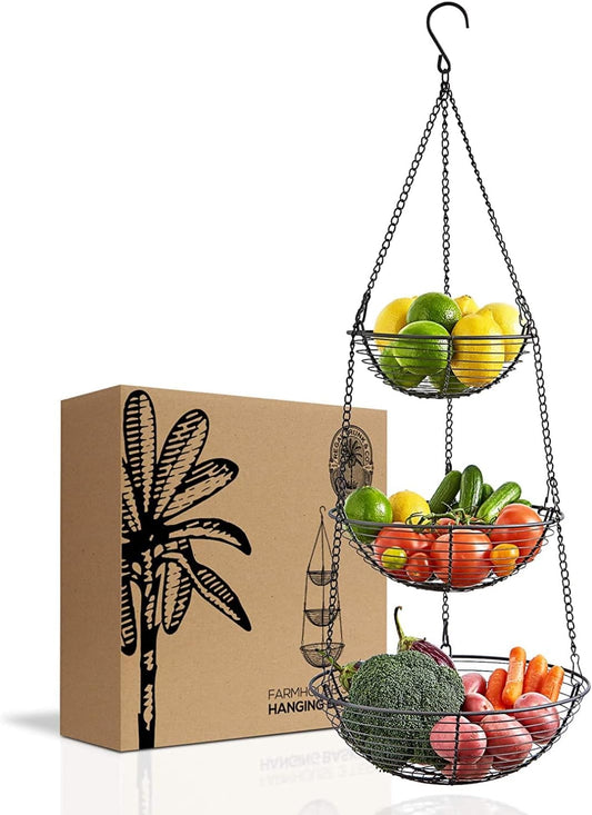 REGAL TRUNK & CO. 3 Tier Hanging Fruit Basket, Farmhouse Wire Basket, Three Tier Fruit Basket for Kitchen for Vegetables, Bread & More, Metal Chain, Hanging Hook and Detachable Round Wire Baskets
