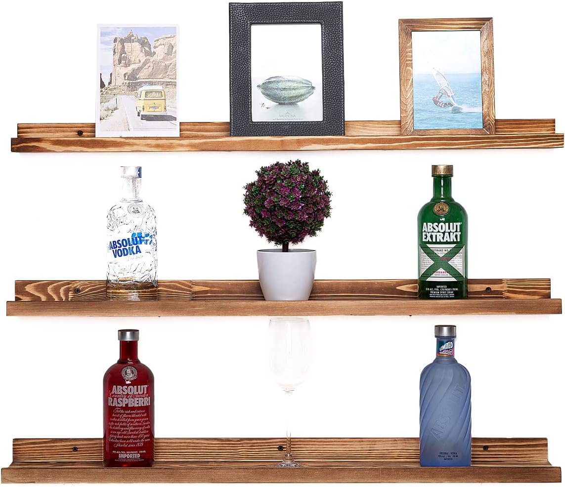 AZSKY Picture Ledge Shelf Wall Ledge Floating Shelves for Photo Frames Kids Book Shelves Wall Mounted Burnt Wall Display Shelf Wooden Frame Ledge 48 Inches Set of 3 Bathroom Organizer Shelves
