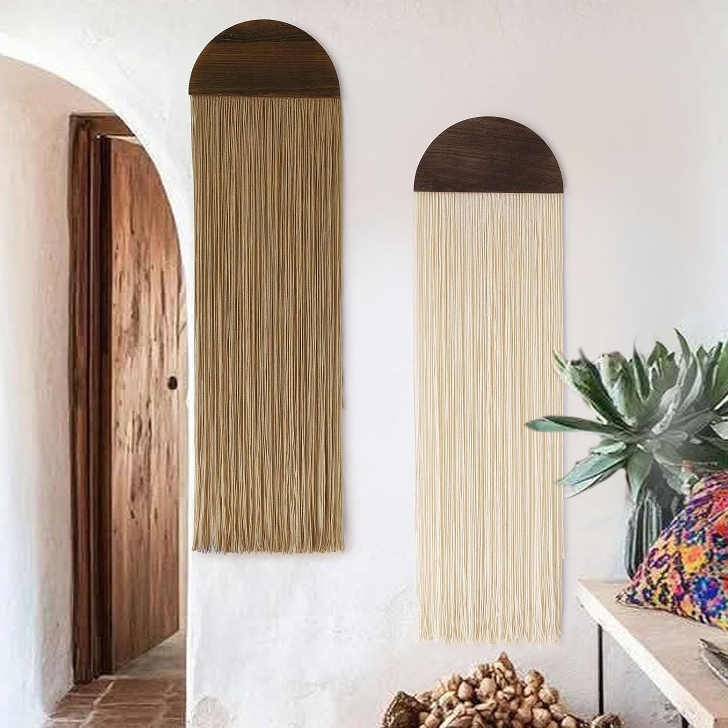 Flber 2 Pcs Macrame Wall Hanging Boho Wall Decor Handmade Macrame Art Tapestry Wedding Macrame Backdrop 13.7" W x 51" L For Living room Bedroom Headboard Decor