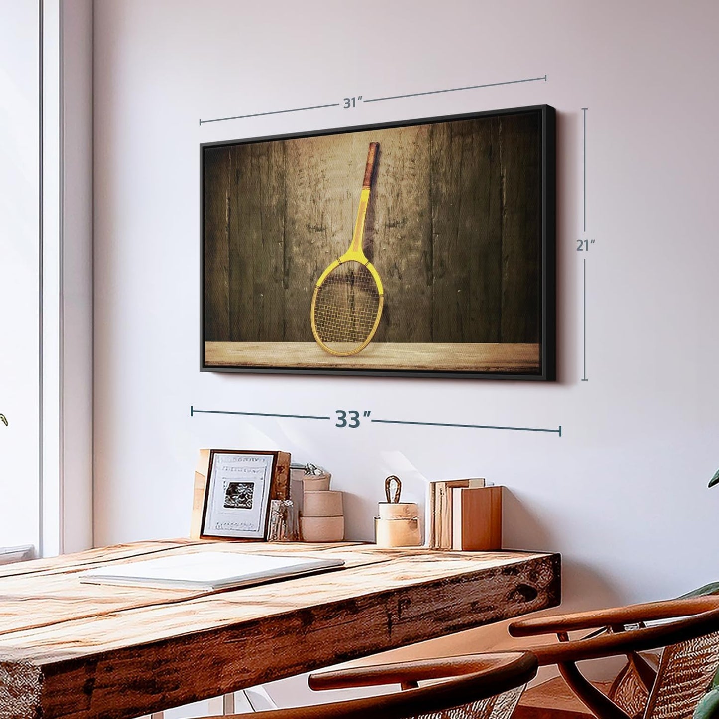 ElephantStock Vintage Tennis Racket Wall Art - Horizontal Framed Canvas - 1-Piece Living Room Wall Decor - Photography Sports Canvas Print - Brown and Black Decor for Wall - 31" X 21"