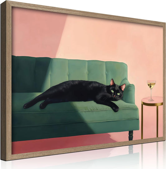 Wood framed black cat wall art modern style canvas print lazy black cat poster picture decoration painting gallery style artwork suitable for living room bedroom decoration 12x16 inch