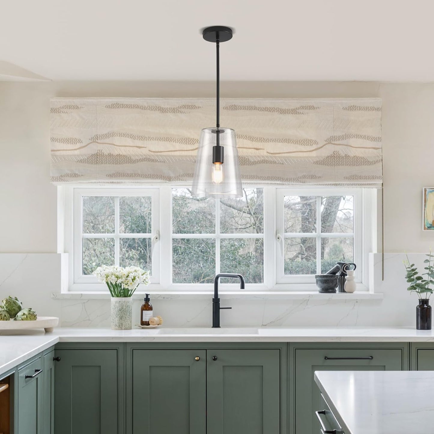 Black Big Pendant Lights Kitchen Island - Clear Glass Pendant Light Fixture Multiple Stems Rods 3 Units 12 Inch 3 Units 4 Inch (2 Pack Black Downrod Pendant with 7.5in W 9.5in H Shade)