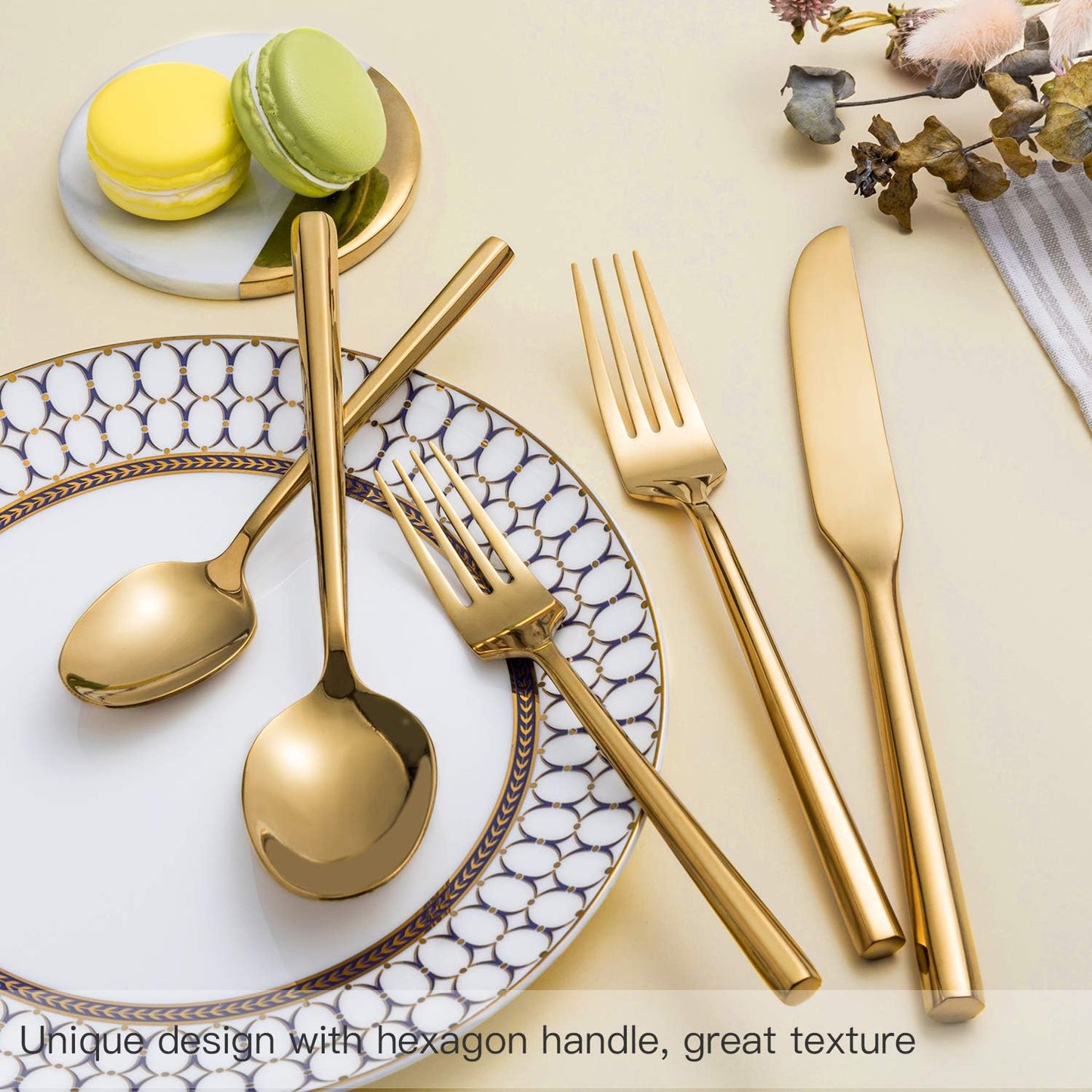 Gold Silverware Set Flatware Set Stainless Steel Cutlery Set 60 Pieces Thick Heavy Hexagon Handle Service for 12